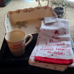 Christmas casserole dish, mug and kitchen towels